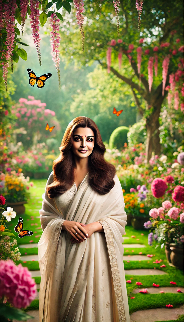 J 1 ITDC NEWS INTEGRATED TRADE GREEN DONOR SD VIRENDRA VEERJI SAHIB EERC A mature, beautiful Indian woman around the age of 30 with features resembling Aishwarya Rai, standing in a serene garden filled with colorful flower